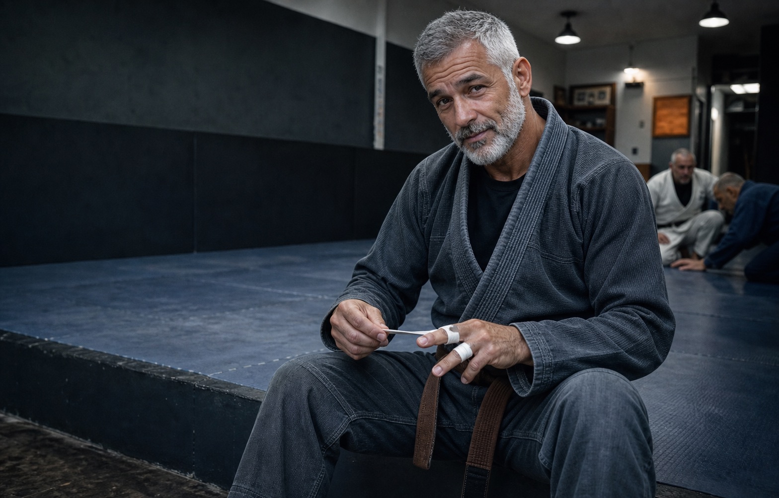 A silver-haired jiu-jitsu practitioner taping his fingers beside the mat before class