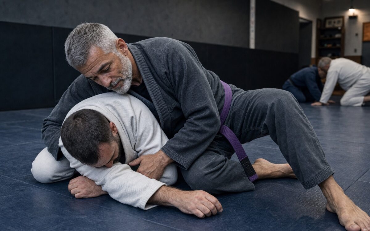 Older purple belt uses steady side-control pressure during jiu-jitsu drilling.