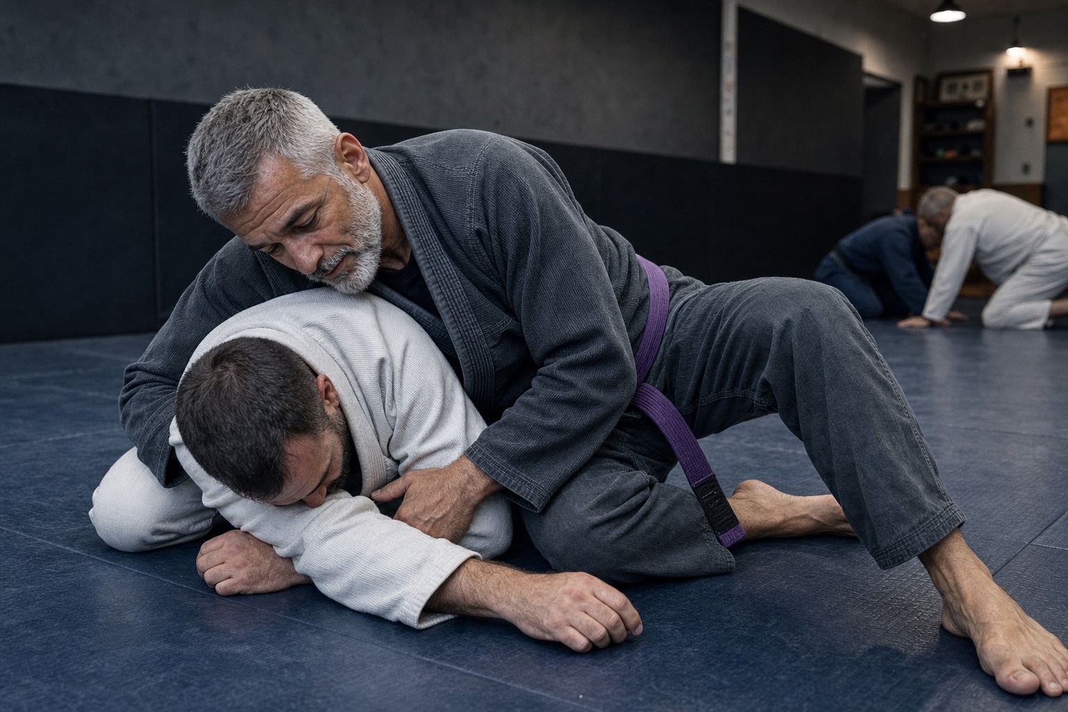 Older purple belt uses steady side-control pressure during jiu-jitsu drilling.