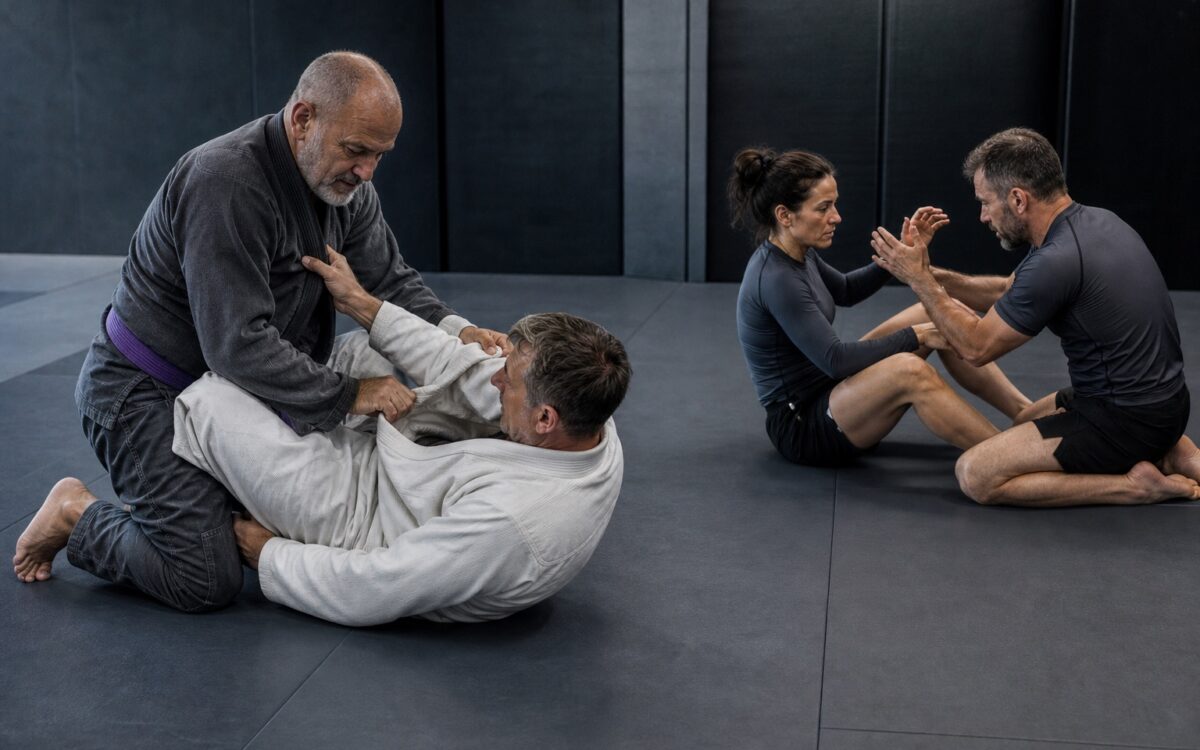 Mature grapplers drill gi grip fighting and no-gi hand fighting during open mat.