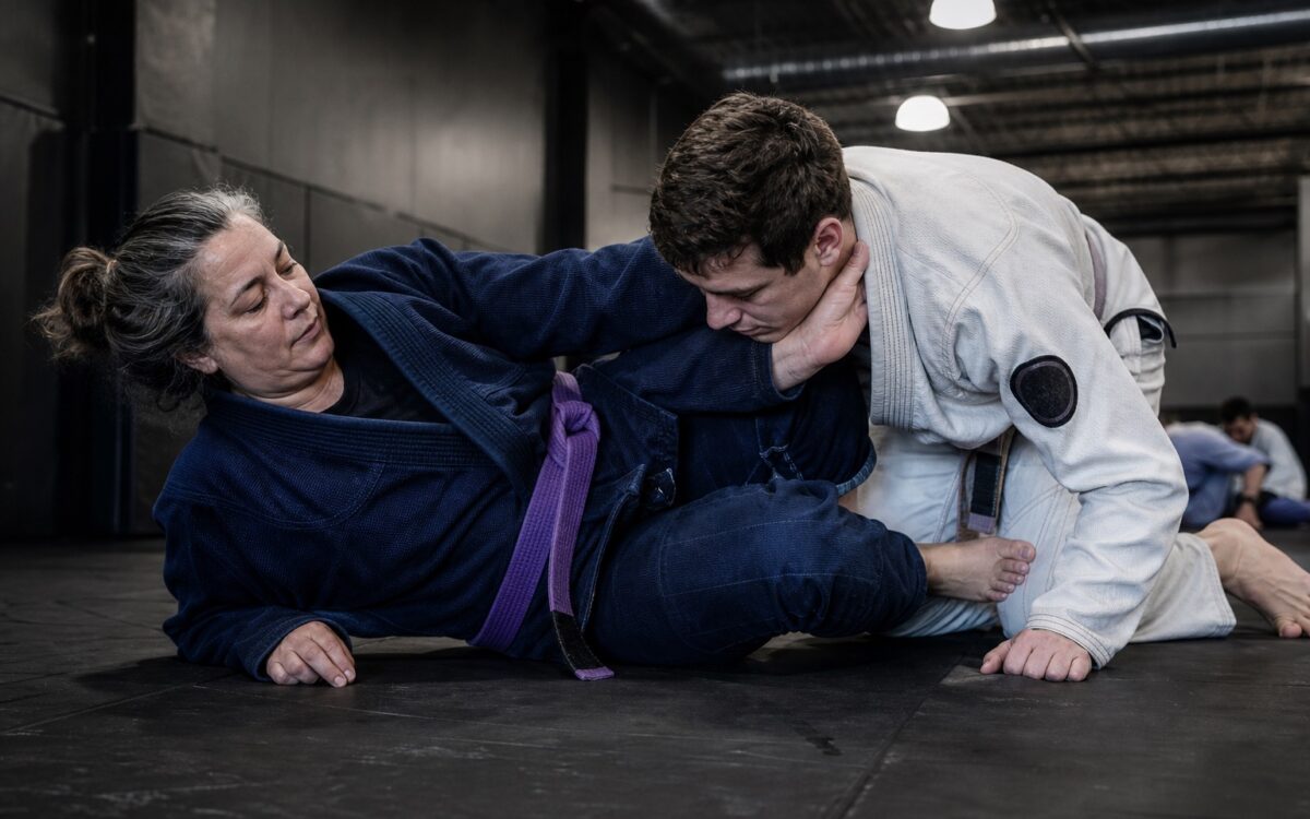Older woman in knee-shield half guard controls a younger training partner.