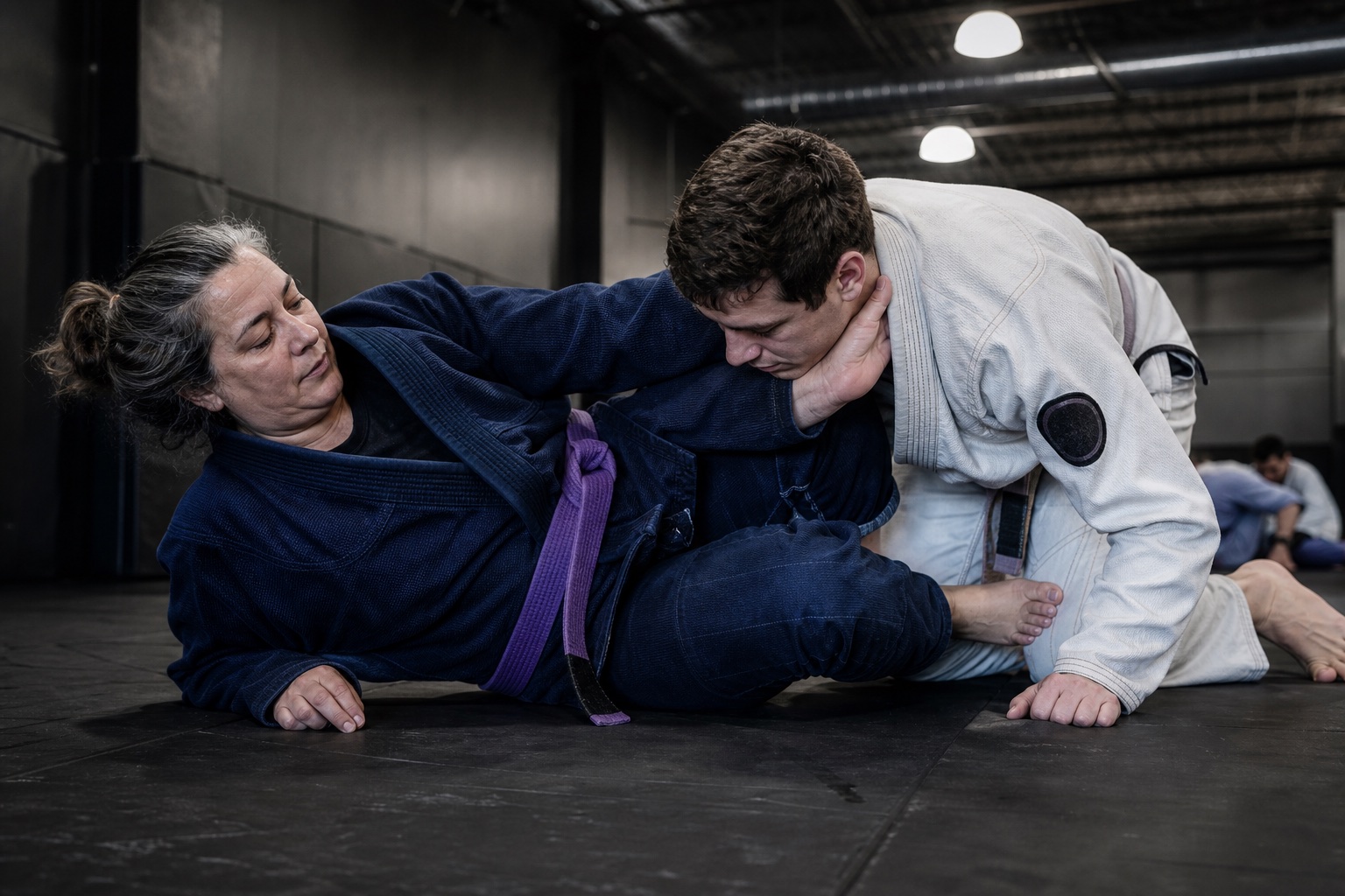 Older woman in knee-shield half guard controls a younger training partner.