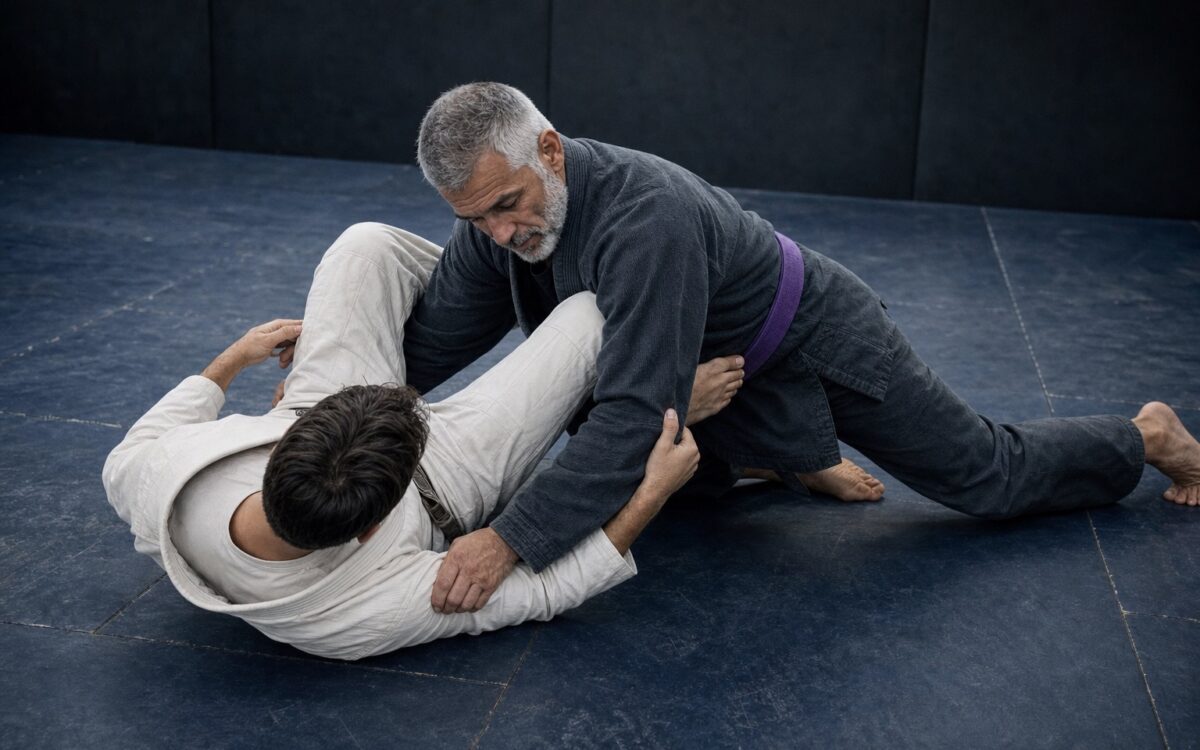 Purple belt applies an over-under guard pass during Brazilian jiu-jitsu practice.