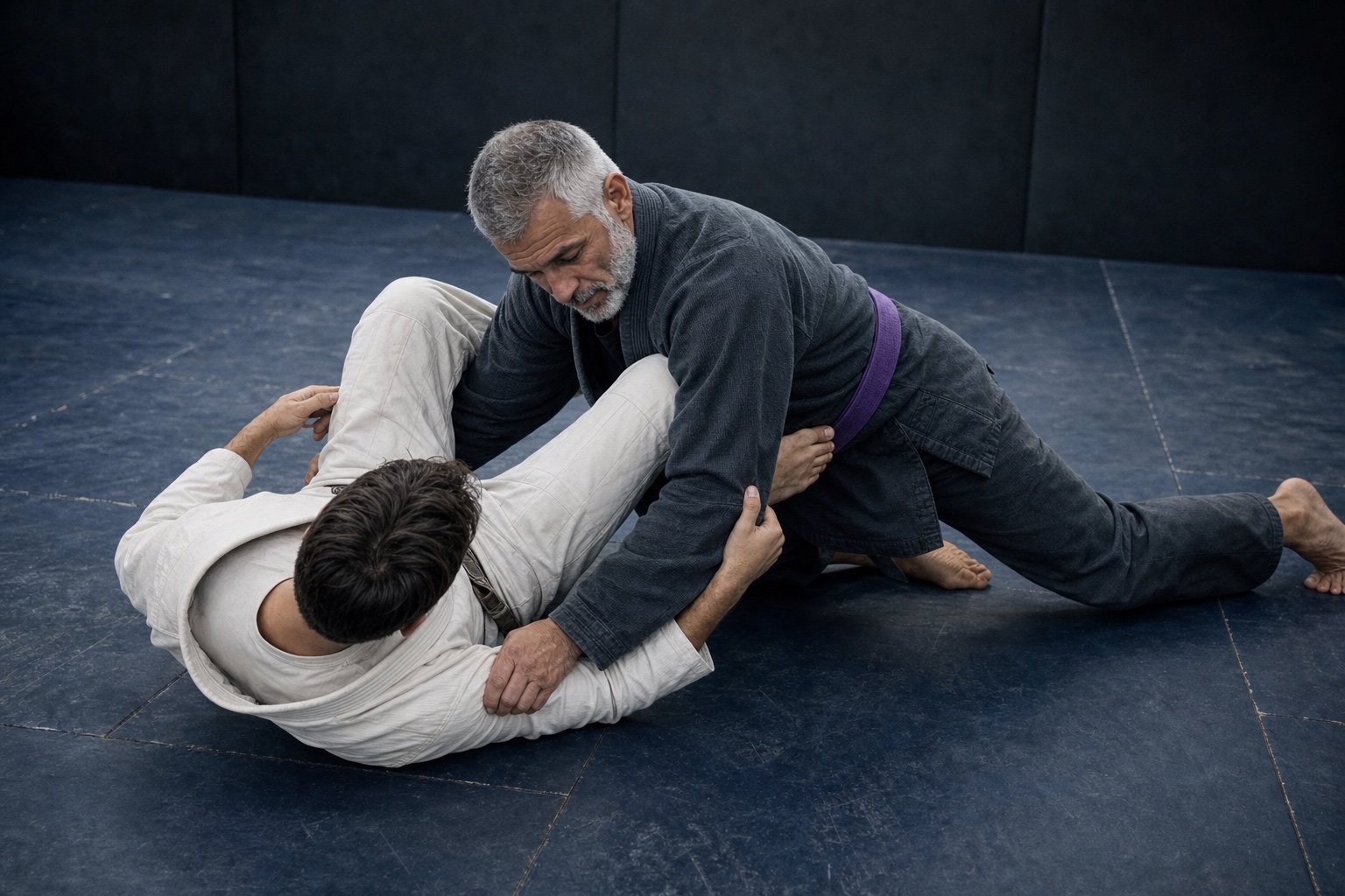 Purple belt applies an over-under guard pass during Brazilian jiu-jitsu practice.
