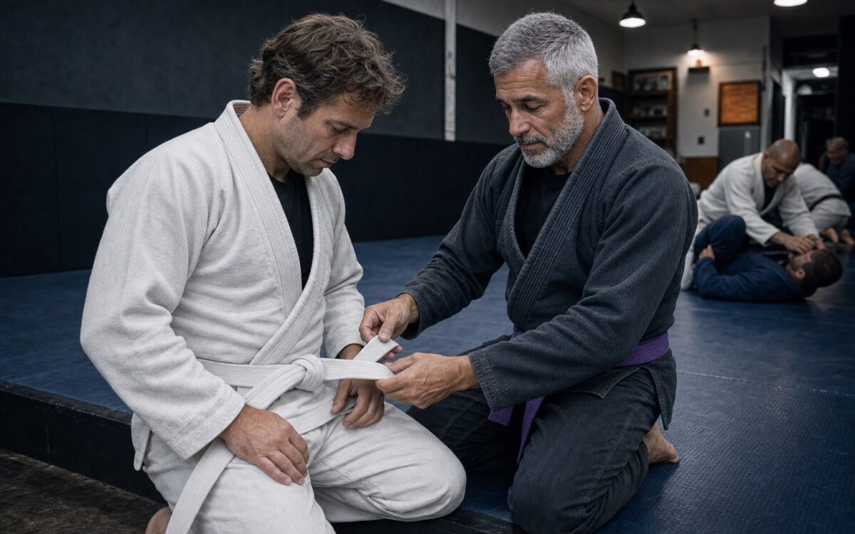 Purple belt helps an older white belt tie his belt before Brazilian jiu-jitsu class.