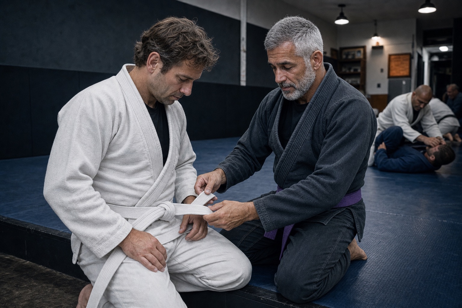 Purple belt helps an older white belt tie his belt before Brazilian jiu-jitsu class.