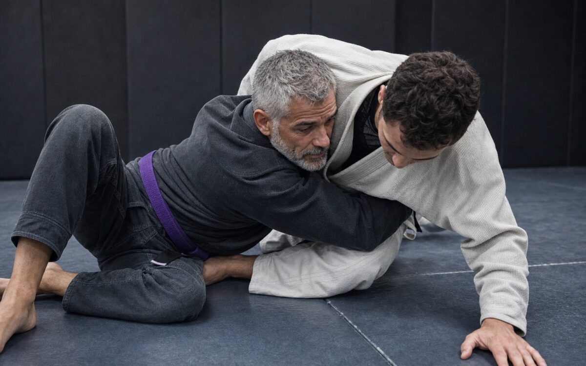 Older purple belt secures an underhook from half guard against a younger partner.