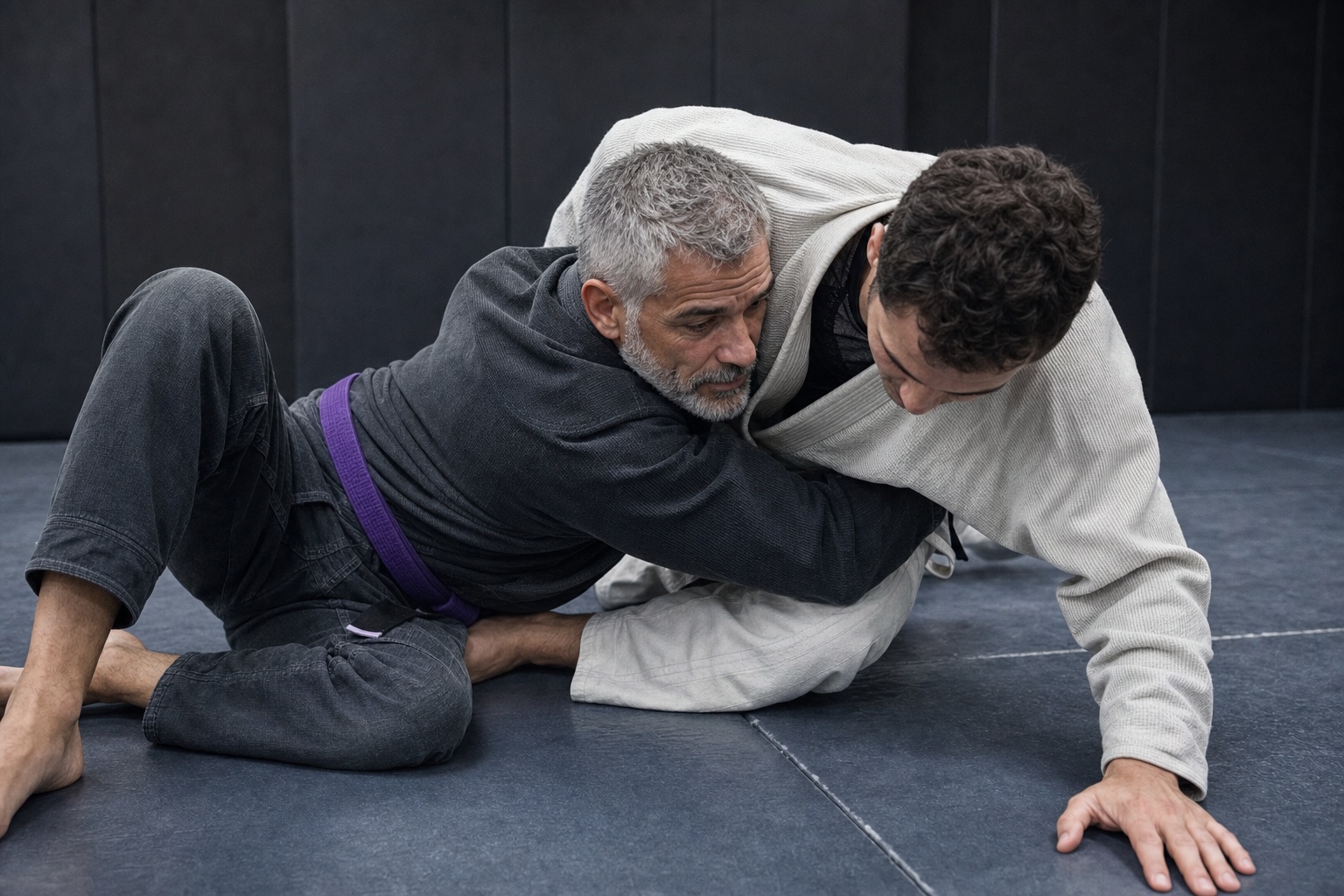 Older purple belt secures an underhook from half guard against a younger partner.