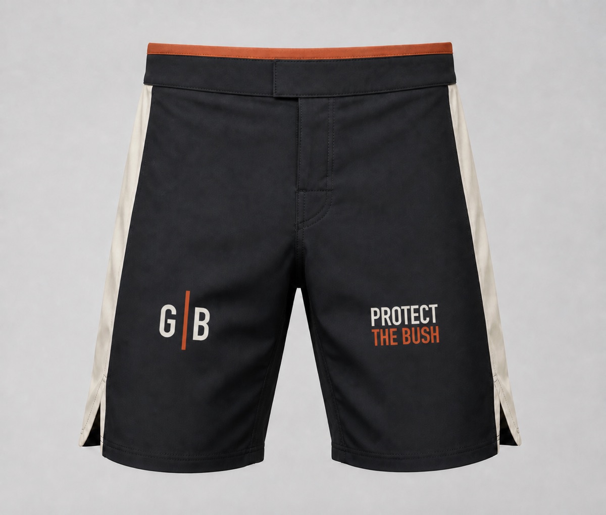 Black Gray Bush BJJ Field Manual grappling shorts with GB and Protect the Bush graphics